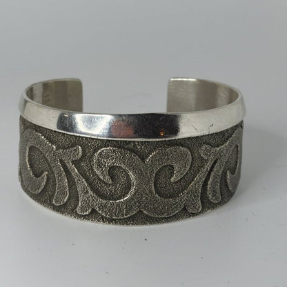 Tufa Cast All - Sterling Silver Scrollwork Cuff Bracelet, Bennie Bowakaty - Turquoise Mustang