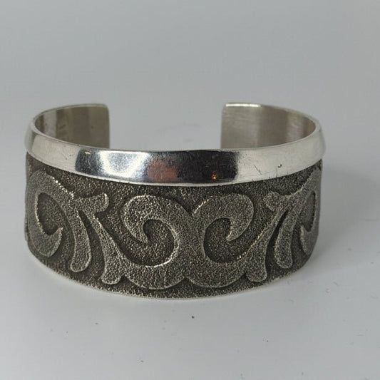 Tufa Cast All - Sterling Silver Scrollwork Cuff Bracelet, Bennie Bowakaty - Turquoise Mustang