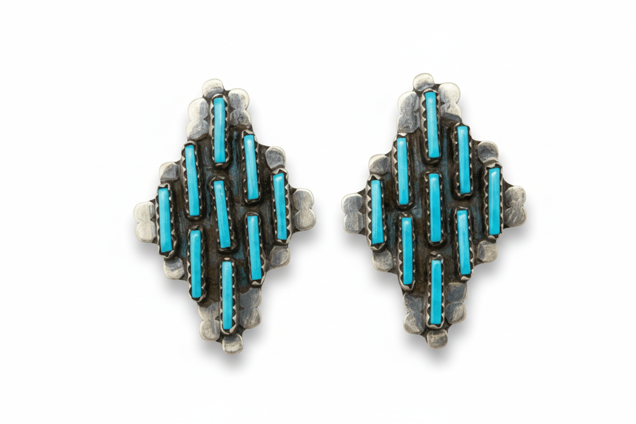 Zuni Needlepoint Kingman Post Studs - Turquoise Mustang