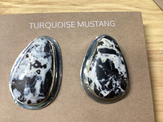 Earring, teardrop white buffalo posts w plain bezels, Judith Dixon - Turquoise Mustang