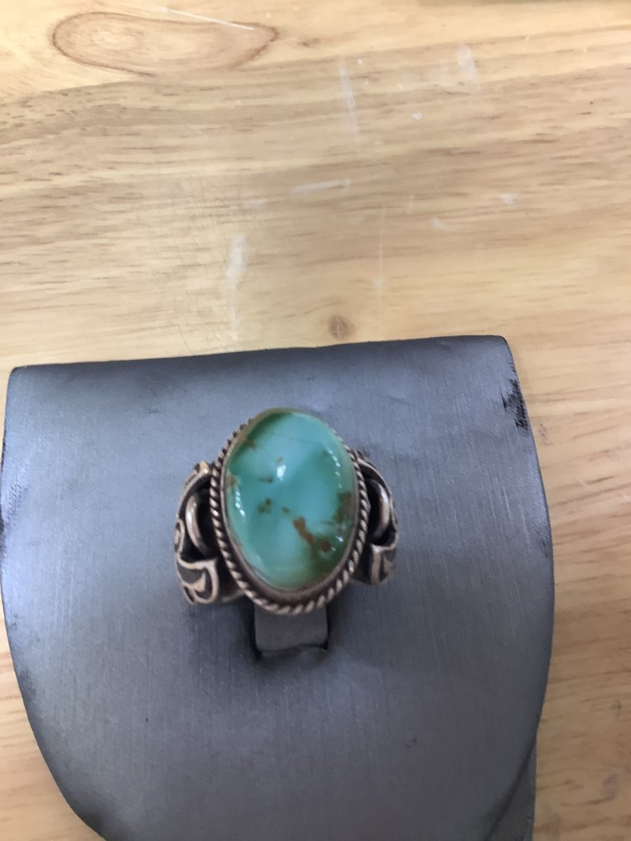 Ring, Oval Golden Web Kingman, Stamped Shank, Cutwork Bezel, Albert Jake (1) - Turquoise Mustang