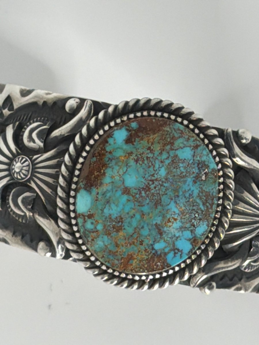 Heavy Stampwork & Overlay, Large Oval Royston Turquoise Cuff Bracelet, Darryl Gordon - Turquoise Mustang