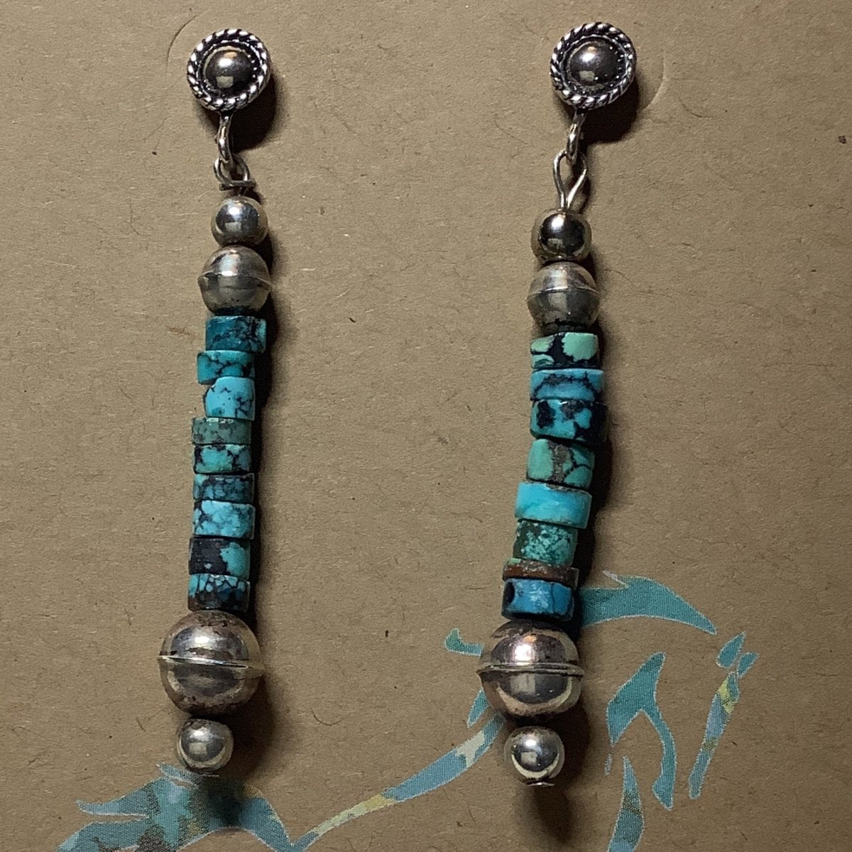Earrings, Antique N - Pearls w/ Spiderweb Heishi, Turquoise Mustang - Turquoise Mustang