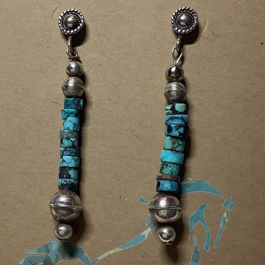 Earrings, Antique N - Pearls w/ Spiderweb Heishi, Turquoise Mustang - Turquoise Mustang