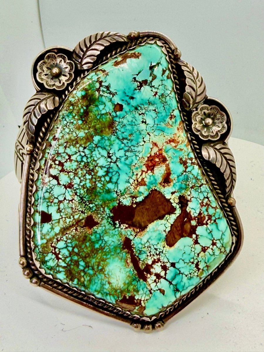 Vintage Navajo Turquoise 3 - Piece Statement Set — Mega Cuff, Ring & Belt Buckle | Sterling Silver Rosette & Leaf Appliqué, Thompson Platero - Turquoise Mustang