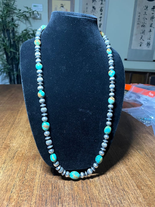 30" Kingman Hi - Blue Nuggets with Silver Rondelles, Saucers and a Navajo Clasp - Turquoise Mustang
