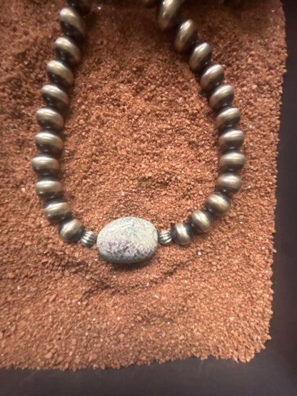 16" d 10mm Silver Pearl Necklace with Ruby in Fucisite Nugget - Turquoise Mustang