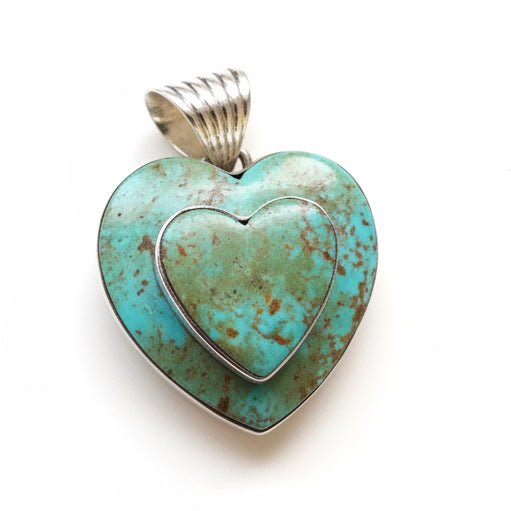 Double Heart Turquoise Pendant, Stacked Design, Sage Green Kingman, by Dan Dodson - Turquoise Mustang