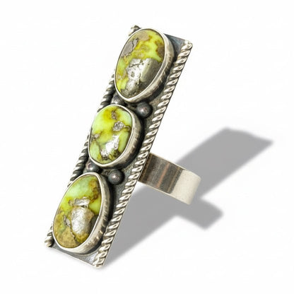 3 Stone Palomino Variscite Ring Adjustable Artist Unknown - Turquoise Mustang