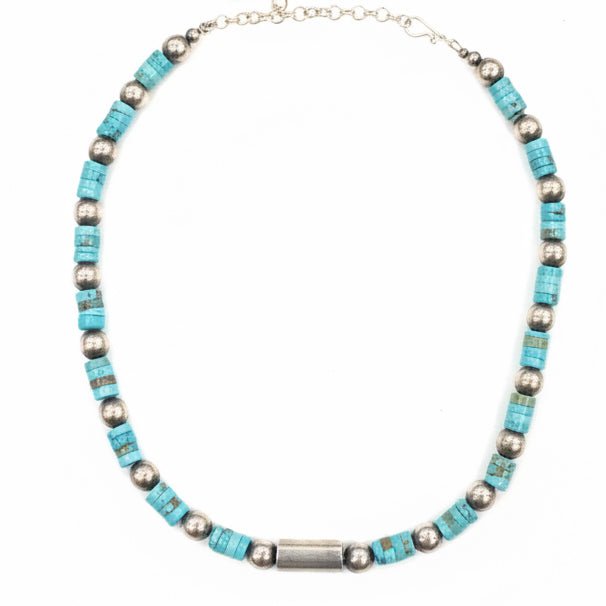 18" Blue-Green Turquoise Heshi Necklace with Sterling Silver Rounds and Focal Bead - Turquoise Mustang