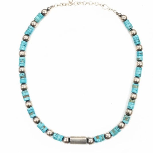 18" Blue-Green Turquoise Heshi Necklace with Sterling Silver Rounds and Focal Bead - Turquoise Mustang