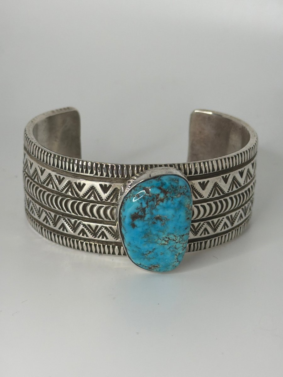 Wide Stamped Navajo Cuff Bracelet with Freeform Blue Kingman Turquoise, Alex Sanchez - Turquoise Mustang