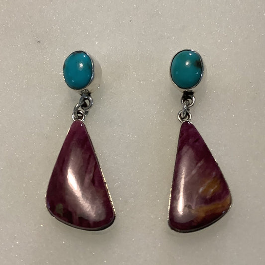 Earrings, Turquoise/Onyx, Earrings, Oval Turquoise studs w Purple Spiny Oyster Cabs, DD (1) (1) - Turquoise Mustang
