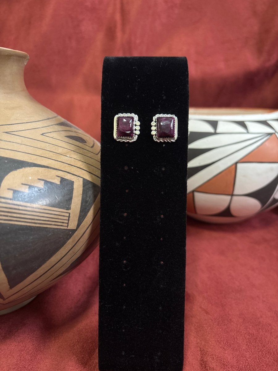 Earrings, Purple Spiny Oyster Studs w/ Sawtooth Bezel & Flat Raindrop Detail by Delores Cadman - Turquoise Mustang