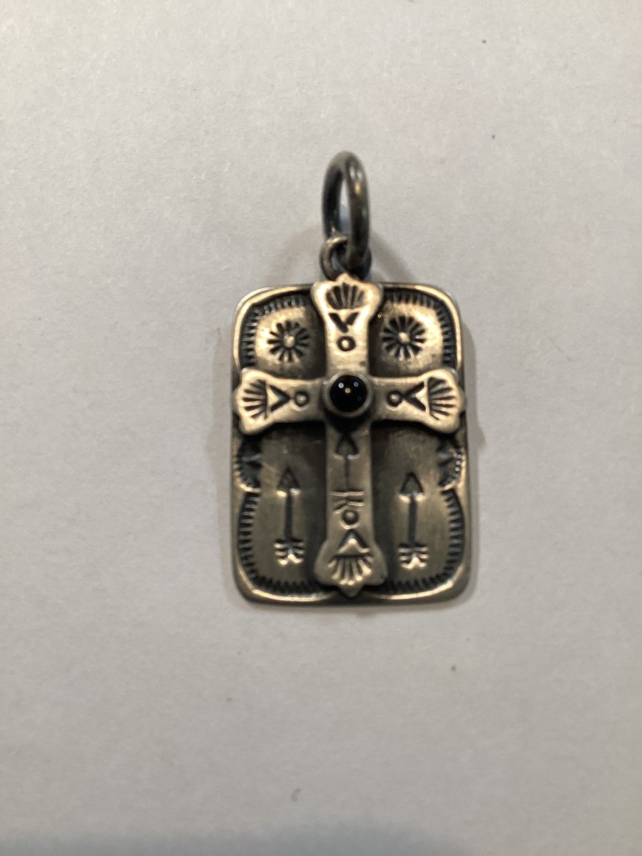 Pendant, Cross, Antiqued and stamped shield with Turquoise Center, DD - Turquoise Mustang