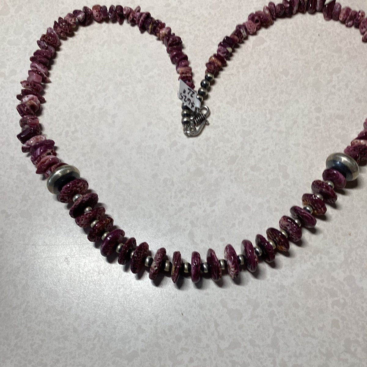 30", Single Strand, 2 pcs 16mm Saucer Navajo Pearls with Purple Spiny Oyster Discs, TM (1) - Turquoise Mustang