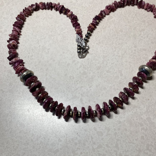 30", Single Strand, 2 pcs 16mm Saucer Navajo Pearls with Purple Spiny Oyster Discs, TM (1) - Turquoise Mustang