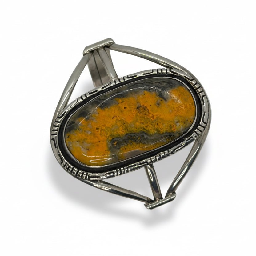 Elegant Hallmarked Sterling Silver Cuff with Large Oval Bumblebee Jasper Stone - Turquoise Mustang