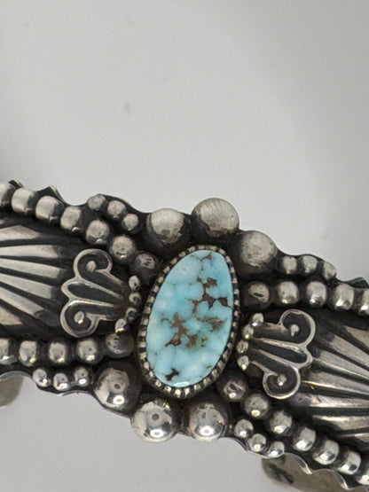 Dry Creek Turquoise Oval Cuff Bracelet with Heavy Stampwork & Overlay, Darryl Gordon - Turquoise Mustang