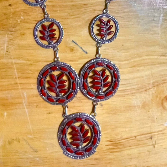 Necklace, antique Coral petitpoint, 9 station , corn plant theme, Felicita Eustace - Turquoise Mustang