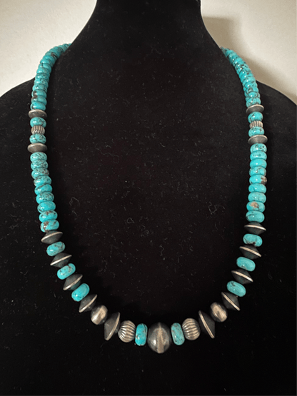 24” Turquoise Necklace with Sterling Silver Pearls & Saucers - Turquoise Mustang