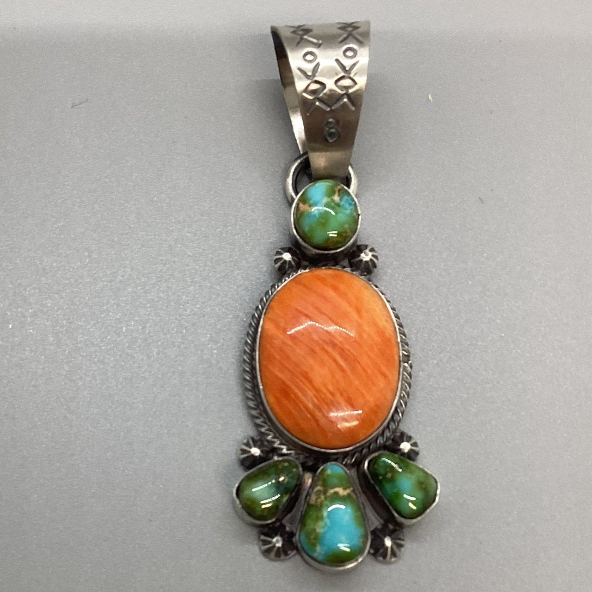 Pendant, Five stone, Orange Spiny Oyster with Royston accents, Cluster, Large, Peterson Johnson - Turquoise Mustang