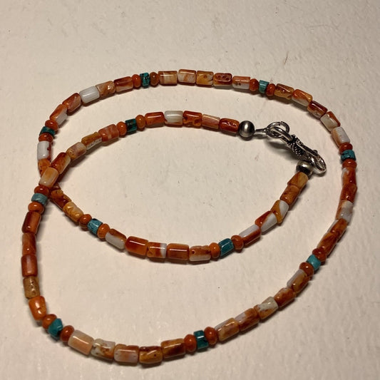 Necklace, 18" Orange Spiny Oyster Tubes w/ TQ and Coral (1) - Turquoise Mustang