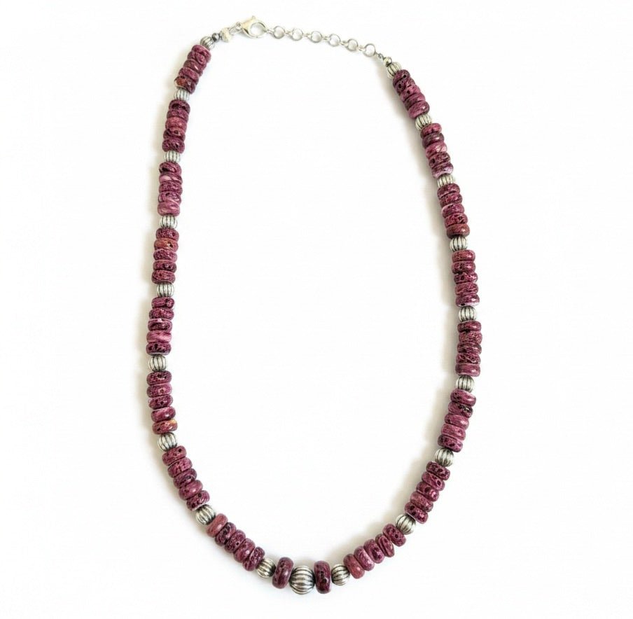 18" Purple Spiny Oyster Rondelle Necklace with Corrugated Sterling Silver Pearls - Turquoise Mustang