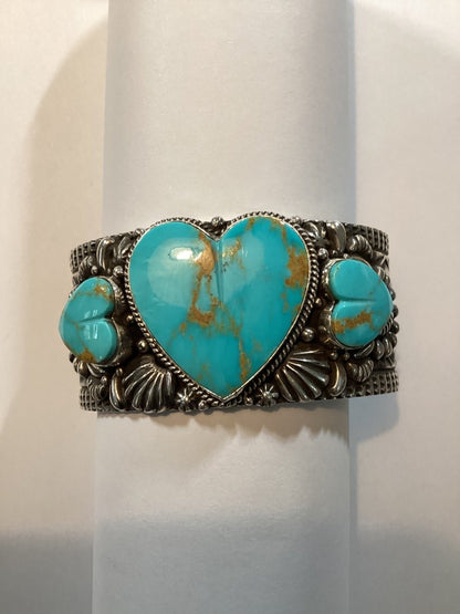 Bracelet, 3 Kingman Hearts, overlay and stamp work, J.O. White - Turquoise Mustang
