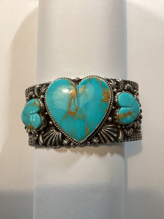 Bracelet, 3 Kingman Hearts, overlay and stamp work, J.O. White - Turquoise Mustang