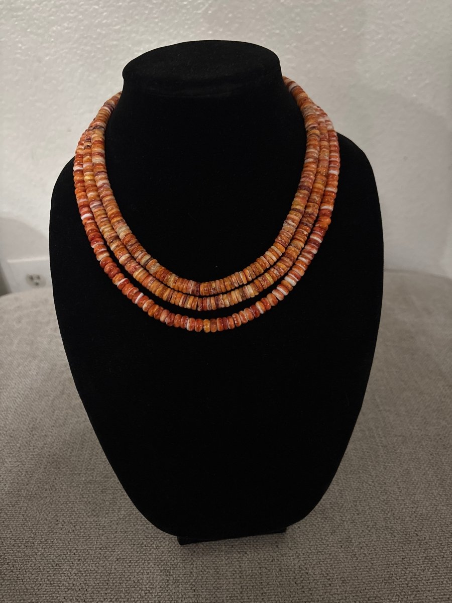 18” Orange Spiny Oyster Rondelle Necklace with Silver Pearl Ends - Turquoise Mustang