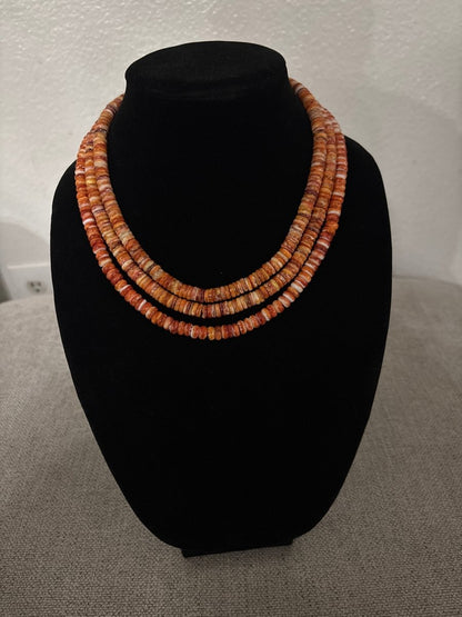 18” Orange Spiny Oyster Rondelle Necklace with Silver Pearl Ends - Turquoise Mustang