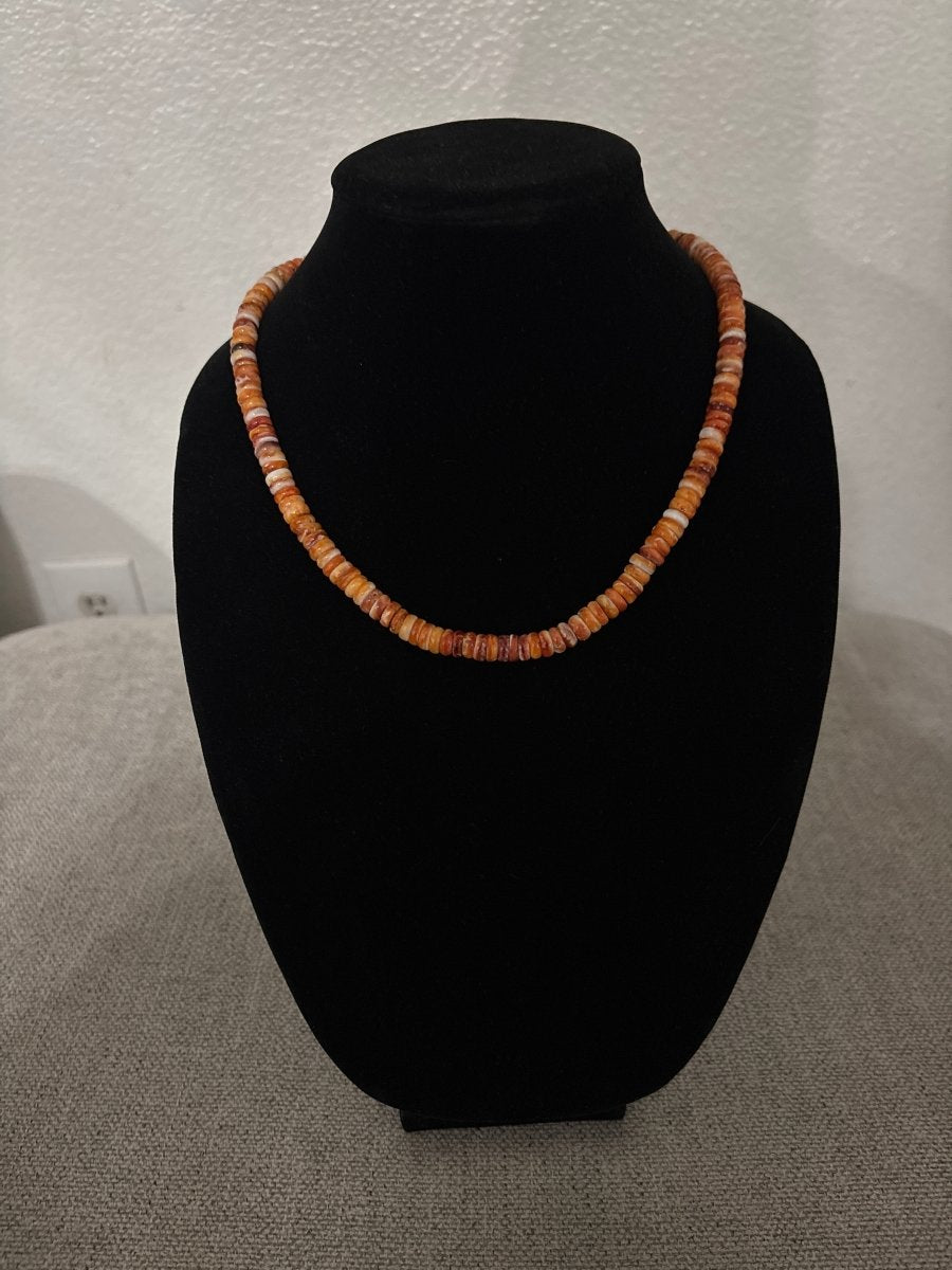 18” Orange Spiny Oyster Rondelle Necklace with Silver Pearl Ends - Turquoise Mustang