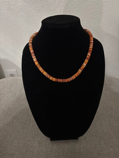 18” Orange Spiny Oyster Rondelle Necklace with Silver Pearl Ends - Turquoise Mustang