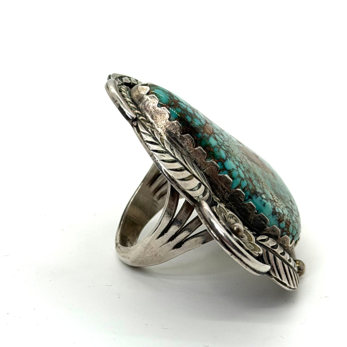 Vintage Navajo Turquoise 3 - Piece Statement Set — Mega Cuff, Ring & Belt Buckle | Sterling Silver Rosette & Leaf Appliqué, Thompson Platero - Turquoise Mustang