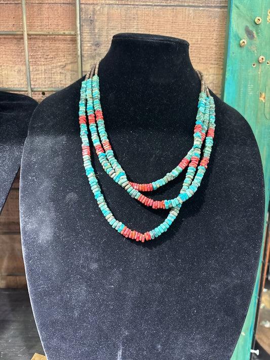 Apple Coral & Kingman Turquoise Necklace - Turquoise Mustang