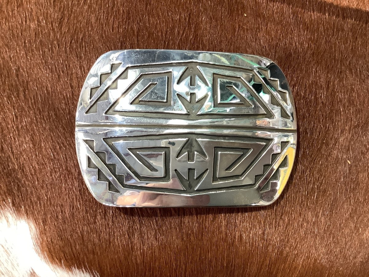 Buckle, Zuni, overlay, mirror up/down worlds, Rosco Scott - Turquoise Mustang