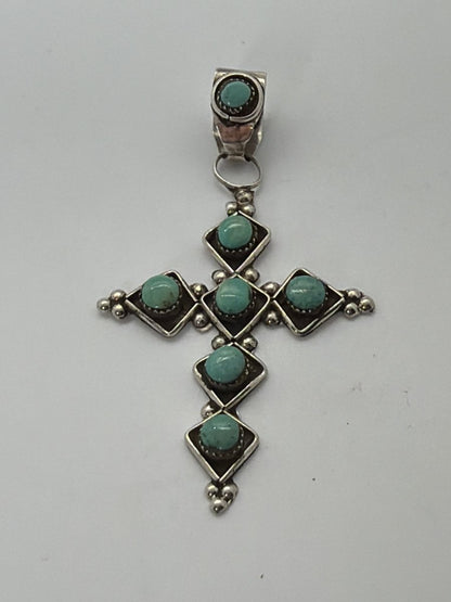 Sage Green Kingman Turquoise and Sterling Silver Cross Pendant, Native American - Turquoise Mustang