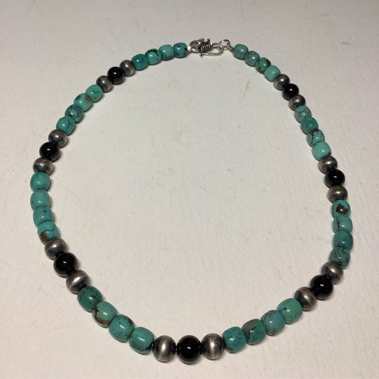 Necklace, 16" 8mm Navajo Pearls w/8 Turquoise Barels/Onyx, Turquoise Mustang - Turquoise Mustang