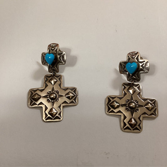 Earring, cross Concho dangles with cross posts, heart shaped turquoise heart, MIchael Thompson - Turquoise Mustang