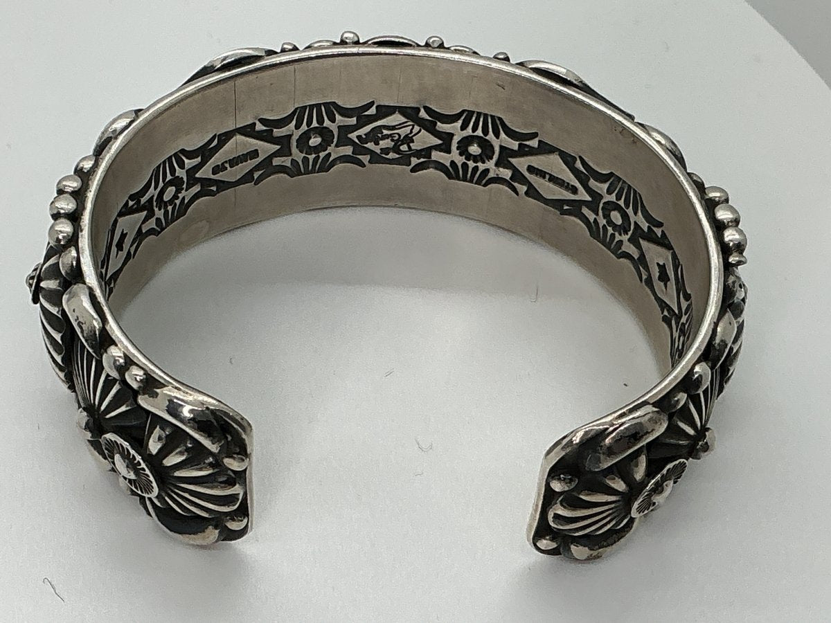 Heavy Peyote and Curled Rope Overlay Cuff with Oval Spiderweb Kingman Stone by Delbert Gordon - Turquoise Mustang