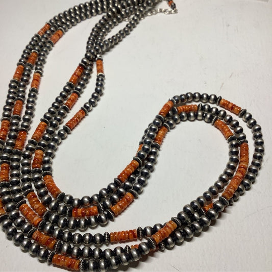 36", 3 - Strand,6mm Navajo Pearls with Orange Spiny Oyster, Dan Dodson - Turquoise Mustang