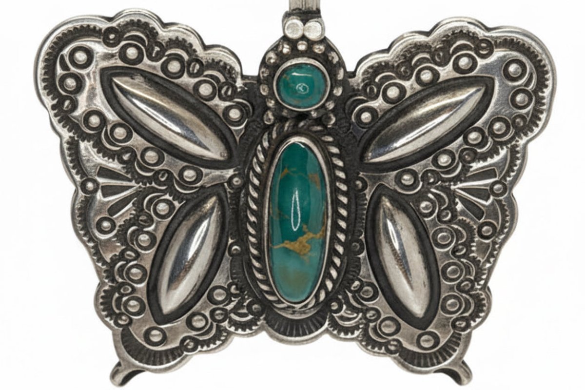 Royston Turquoise Butterfly Pendant / Pin, Sterling Silver, HS Hallmark - Turquoise Mustang
