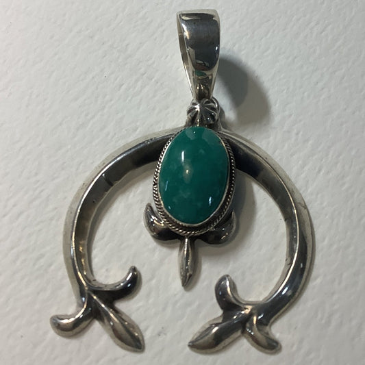 Pendant, Naja, Large Heavy cast with Turquoise oval and "fleur - de - lis" ends, DD (1) - Turquoise Mustang