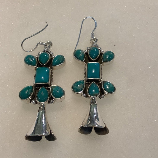 Earrings, Turquoise, 7 - stone ClusterSquash Blossom, DD - Turquoise Mustang