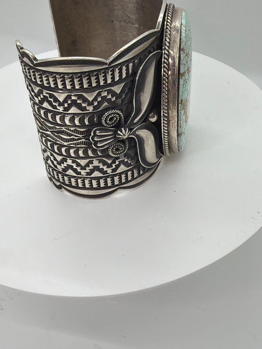 Extra Wide  8 Turquoise Stampwork Cuff Bracelet with Repoussé and Overlay Silverwork, Andy Cadman - Turquoise Mustang
