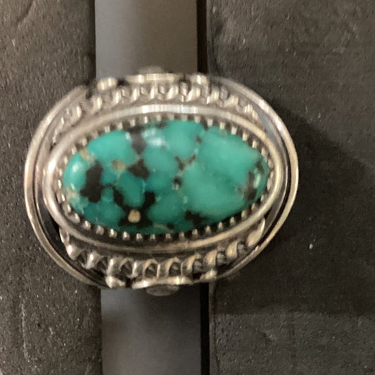 Ring, Deep Blue Green Turquoise Oval, Heavy Beveled Bezel with Filework, Charley Willie - Turquoise Mustang