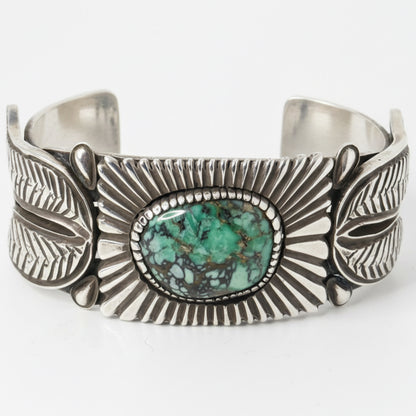 Heavy Stamped Sterling Silver Tufa Cast Cuff with Large Freeform Broken Arrow Cabachon, Kris Willie - Turquoise Mustang