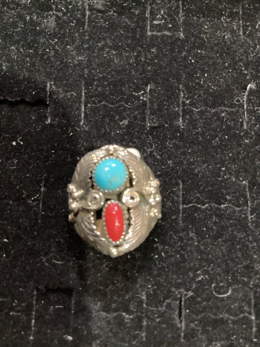 Vintage Coral & Sleeping Beauty Turquoise Men's Ring, Navajo, Size 11.25 - Turquoise Mustang
