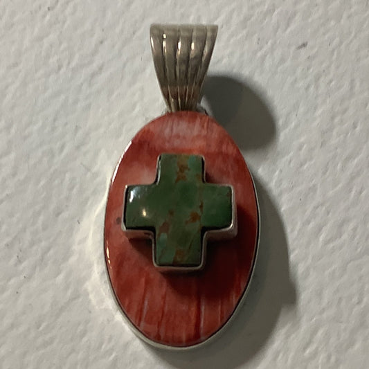 Pendant, Spiny Oyster, Medium Oval with Stacked Gaspeite Cross, DD - Turquoise Mustang